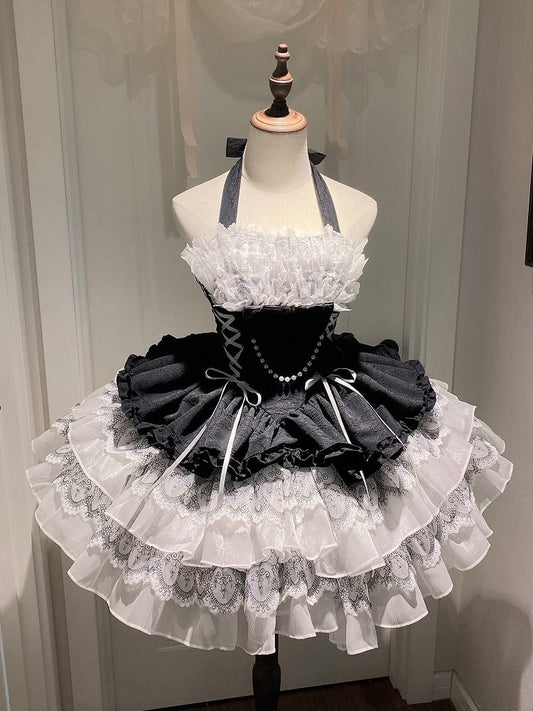 Balletcore Schwarzes Neckholder-Kleid mit weißem Prinzessinnen- und Lolita-Ausschnitt