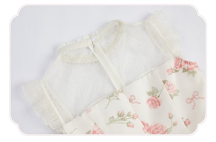 Kleid Rosa Print Rosette Weiß Illusion Lolita Sommer Ausschnitt