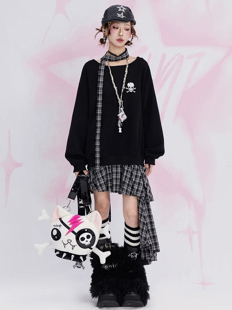 Black Plaid Patchwork Fake Two-piece Sweatshirt Dress Asymmetrical Hem with Free Scarf