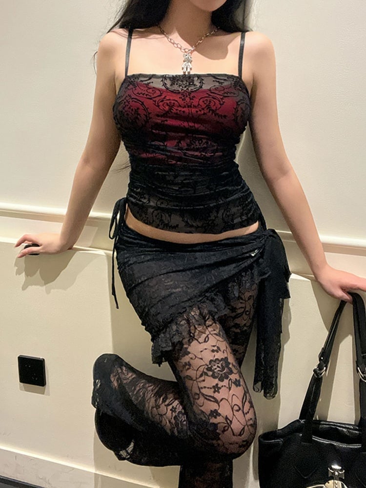 Underlay Top Black with Embroidered Cami Gothic Halloween Lace Red