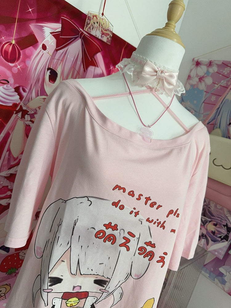 Cartoon with Neck T-shirt Print Girl Halter Pink