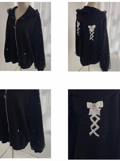 Hood Jirai Ear Kei Hoodie: Style Beaded Bunny Zip-Up Black Sleeve