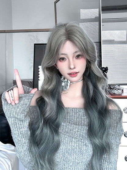 Blaugraue lange gewellte Kunsthaarperücke mit Pony