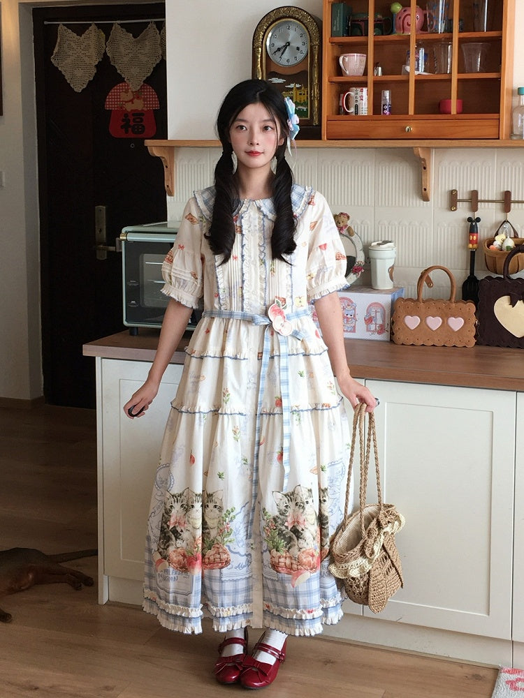 Sweet Puff Sleeve Cat and Apple Print Cotton OP Dress in Short or Long Length