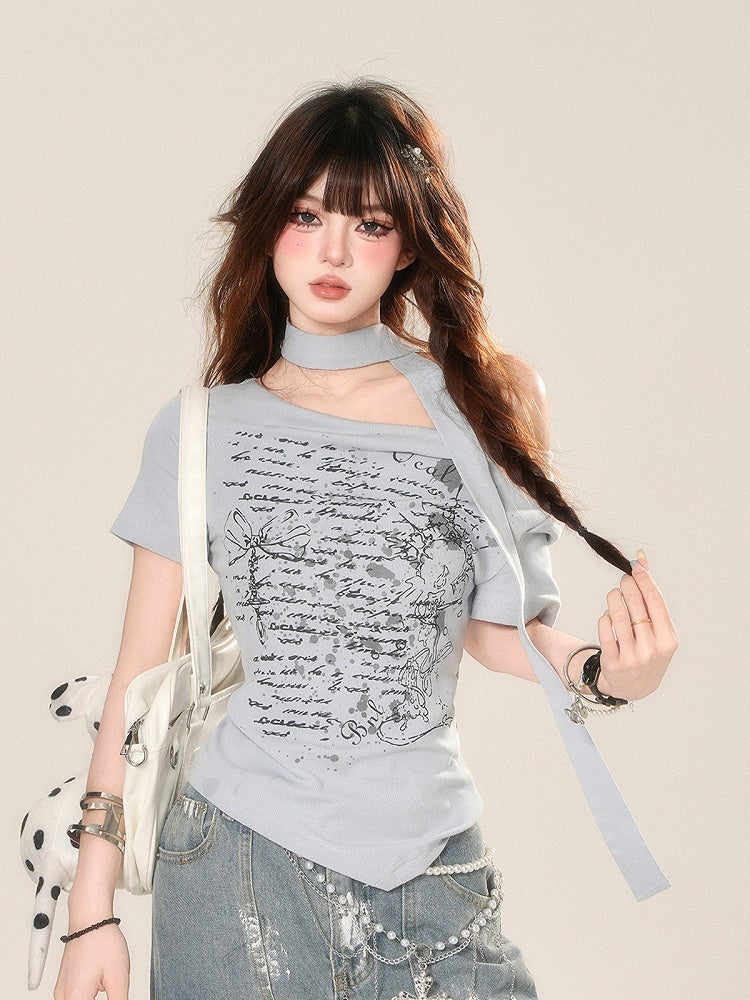 with Graphic T-Shirt White/Blue Asymmetrical Neckline Curved Scarf Free Glamorous Hem