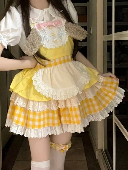 Dress Overall Sweet Apron Gingham Detail Lolita with Ear Puppy Yellow Design and