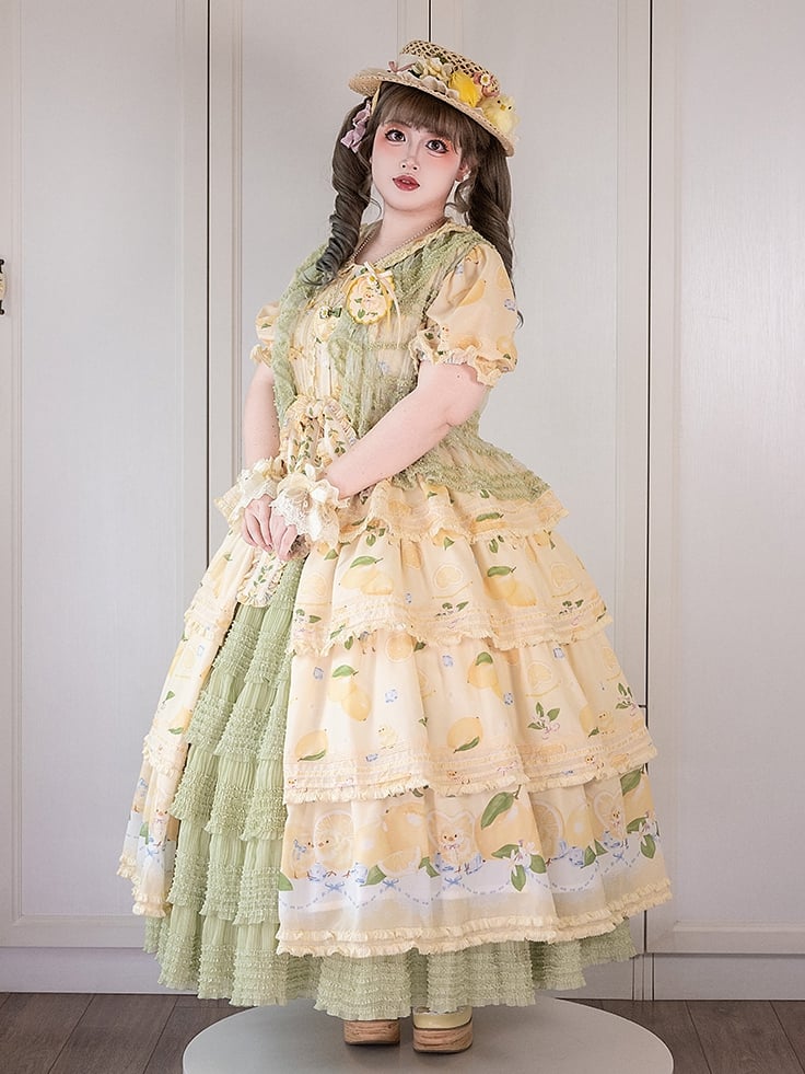 Button Chick Placket Skirt and Lolita Sleeves Short Print Yellow Front Lemon Dress Tiered