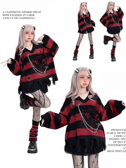 Y2K Black and Red Spider Web Pattern Distress Trim V-neck Striped Sweater Buckle Straps with Chain