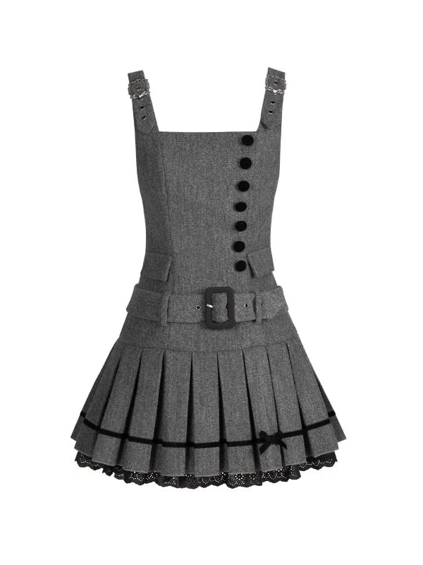 Box with and Pleat Short Belt Gray Faux Pockets Low-Waist Dress Chic Decorative