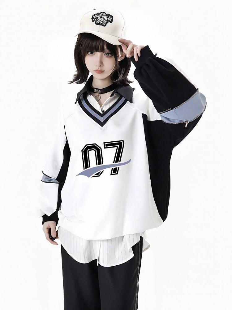 Front Sweatshirt with White Bow V-Neck Numeric Design Regular/Back Baseball-Style