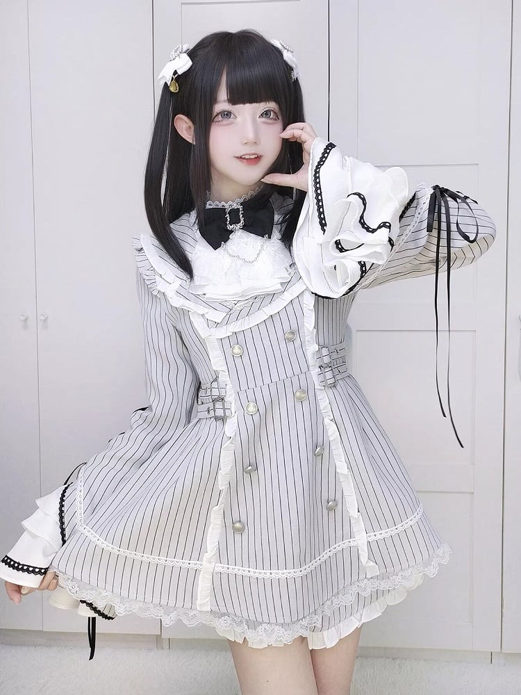 Striped Kei Dress Light + Sleeves Bell Gray Jirai Matching Set Shorts