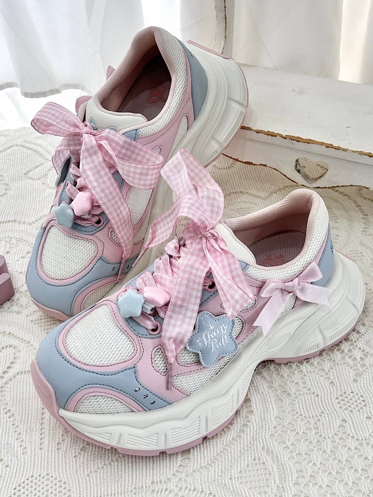 Sneakers Lolita Pink Pattern Plaid Sweet - Lace-Up Blue Closure