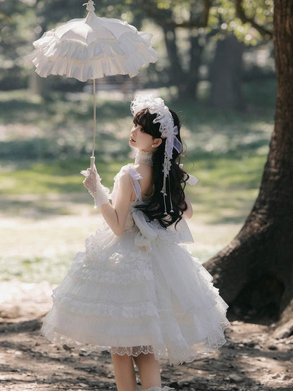 Lily Sweet of Lace Gloves Valley Embroidered Lolita Full Set Choker Veil + KC Head Dress White the