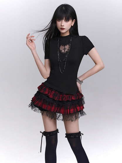 Print T-shirt Black Mock Neck Heart-shaped Cutout Cross