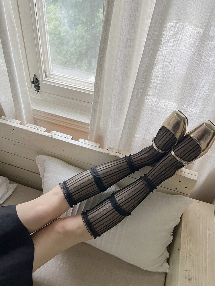 Striped Calf Socks with Layered Lace Trim - ModaSwings