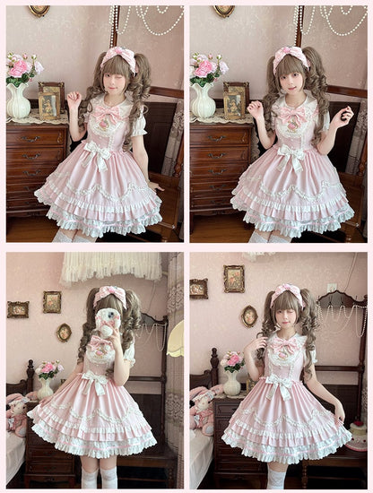 Süßes Lolita-Kleid mit gewelltem Rand und Erdbeerstickerei, Hellrosa JSK