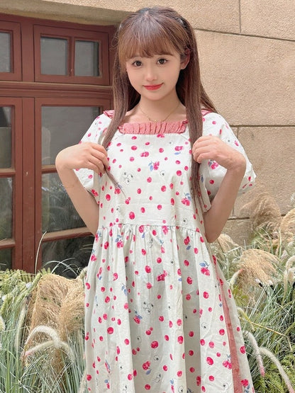 Red Blueberry Print Mori Kei Dress with Ruffle Trim - Mori Doll