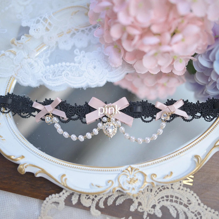 7 and Kei Jirai Beaded Chain Colors Charms Heart Choker Rhinestone Bow with