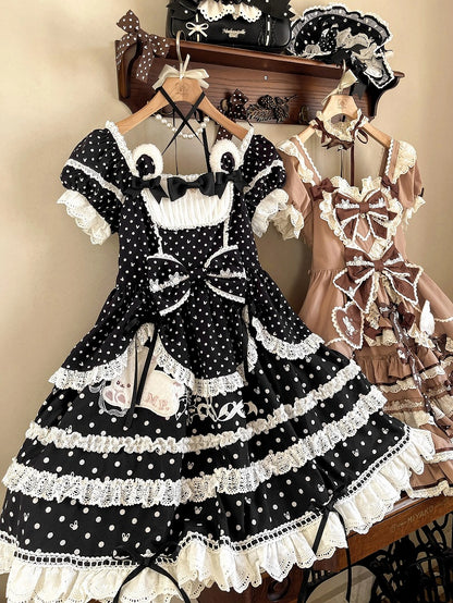 Quadratisches Kleid mit Häschen und Punkten, süßes Lolita-Muster, Ausschnitt, schwarze Ohren
