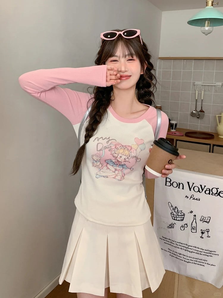 トップスとピンクのスリムフィット漫画ガールプリントアプリコットカラーブロックデザイン