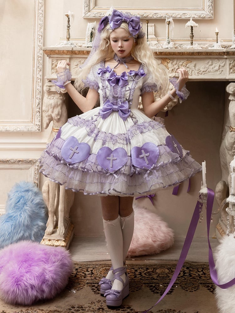 Robe Lolita Old School blanche et violette avec appliques en cœur, robe duveteuse pour la Saint-Valentin