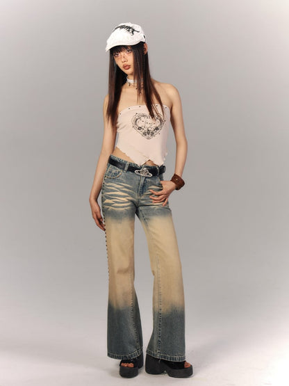 Apricot with Swan Studded Y2K Top Punk Layered Print Crop Neck Hem Strapless Triangle