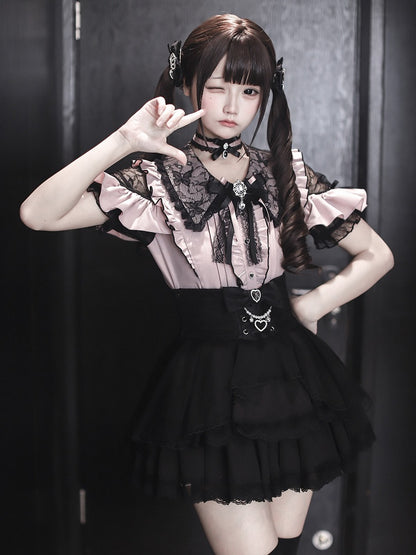 Jirai Kei Black & Pink Lace Cutout Shoulder Short Sleeve Ruffle Blouse - Ekomi