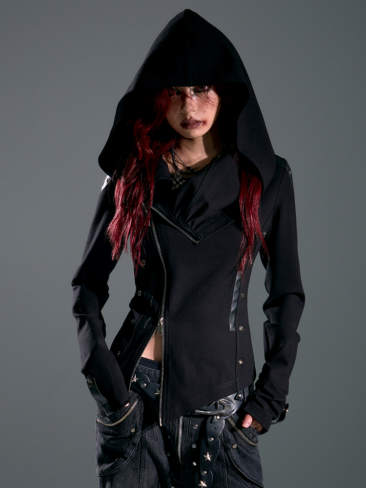 Zip Accents with Grommet Jacket Wasteland Two-Way Hoodie Stud Placket Punk Black Asymmetrical