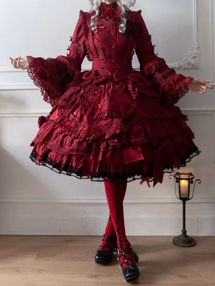 Layered Under Rüschenkleid Büste Wein Saum Schleife Gothic Akzente Lolita Rot mit