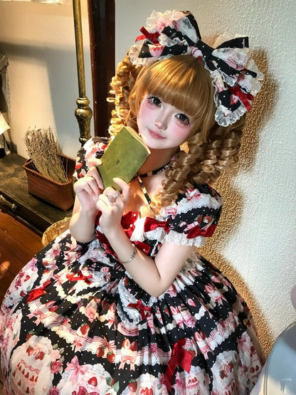 / Accents Cake Sweet Set Print Strawberry Bow Lolita Full Black Dress