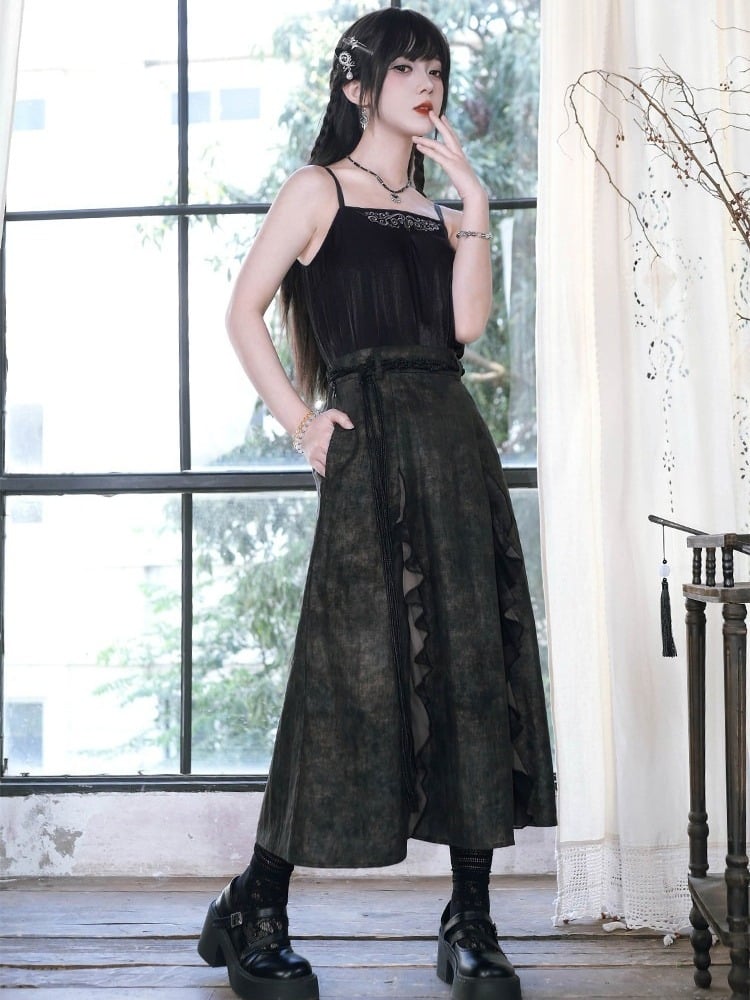 Ink Wash Print Chinese Gothic Black Midi Skirt with Ruffle - Quirky Hut