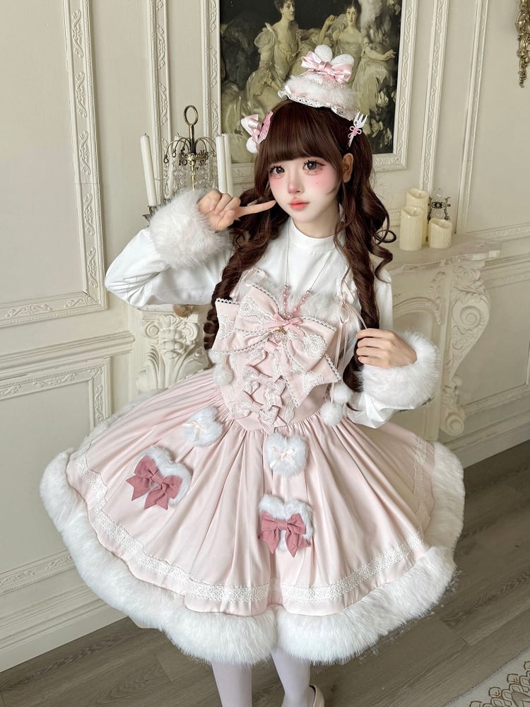Fake OP Cuffs Winter Long Pink with and Hemline Lolita Sleeves Dress Sweet Two-pieces Plush