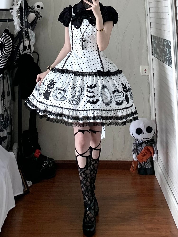 Polka Dot Bow JSK Dress with Cat and Coffee Print - Undaily D.Studio