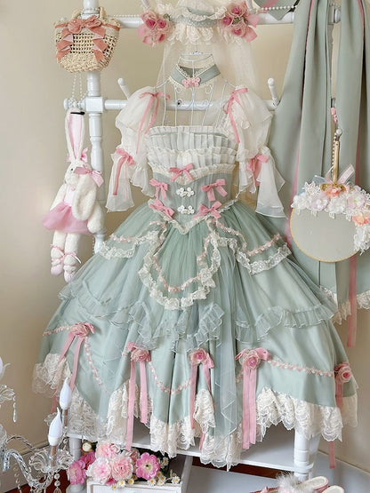 Green Basque Waist Floral Bowknots Hanayome Lolita OP / Full Set
