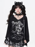 Graffiti with Punk Print Eyelet Top Neckline Semi-Sheer Black Metallic