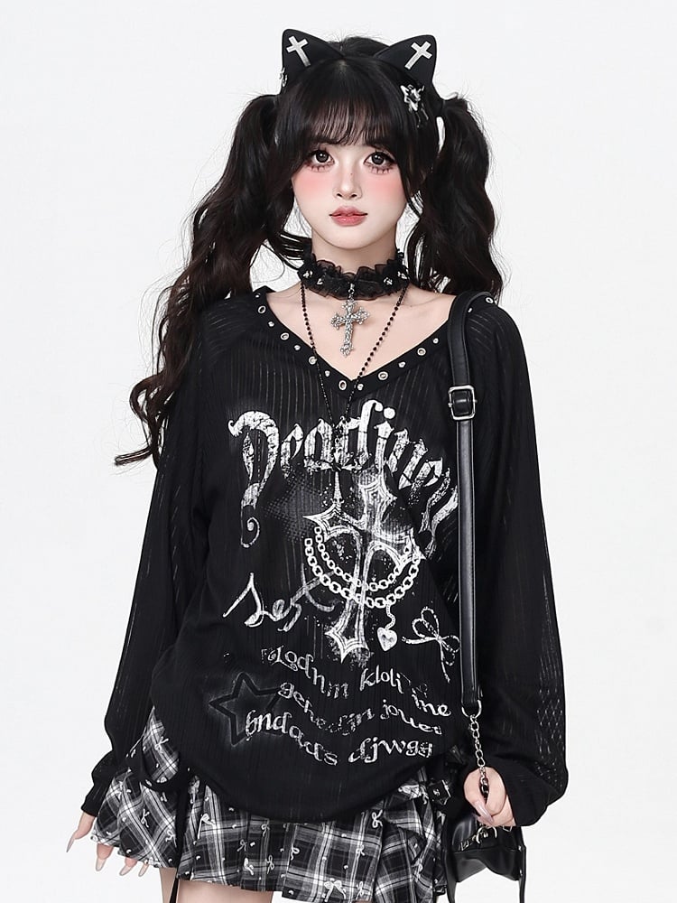 Graffiti with Punk Print Eyelet Top Neckline Semi-Sheer Black Metallic