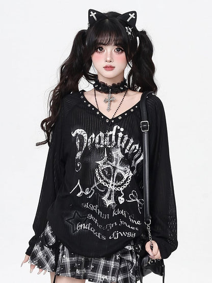 Graffiti with Punk Print Eyelet Top Neckline Semi-Sheer Black Metallic
