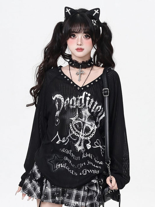 Graffiti with Punk Print Eyelet Top Neckline Semi-Sheer Black Metallic