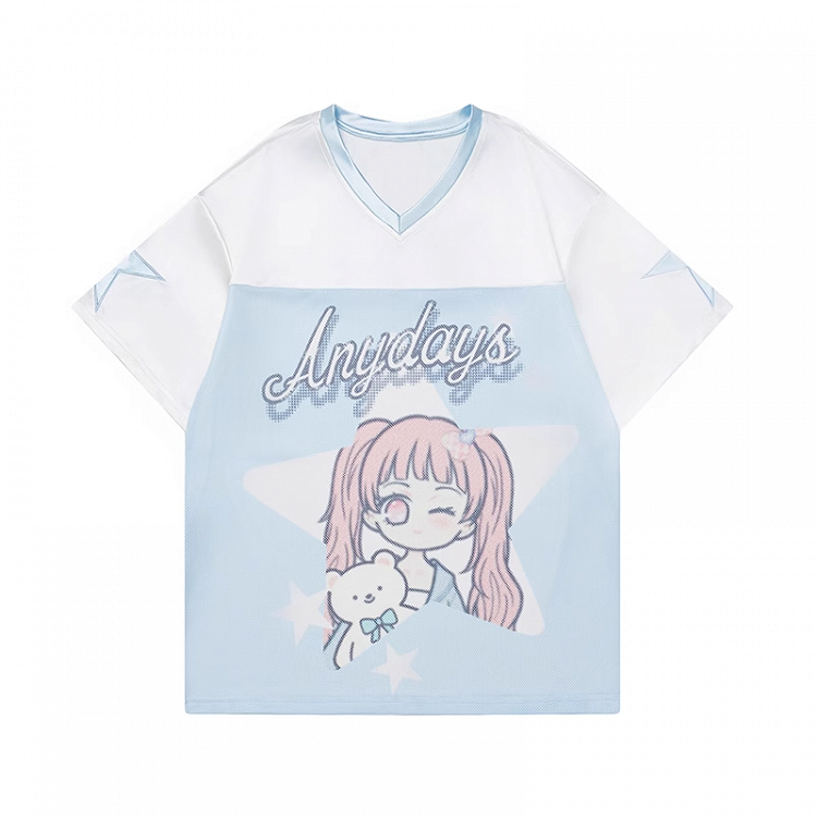 T-shirt Blau und Weiß Colorblock Design V-Ausschnitt Cartoon Mädchen Druck Lose