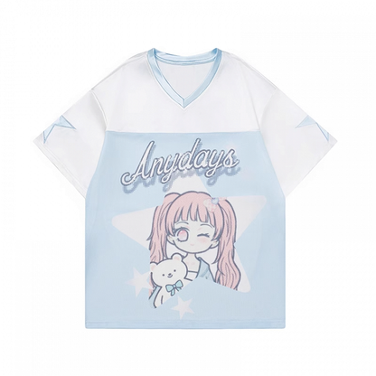 T-shirt Blau und Weiß Colorblock Design V-Ausschnitt Cartoon Mädchen Druck Lose