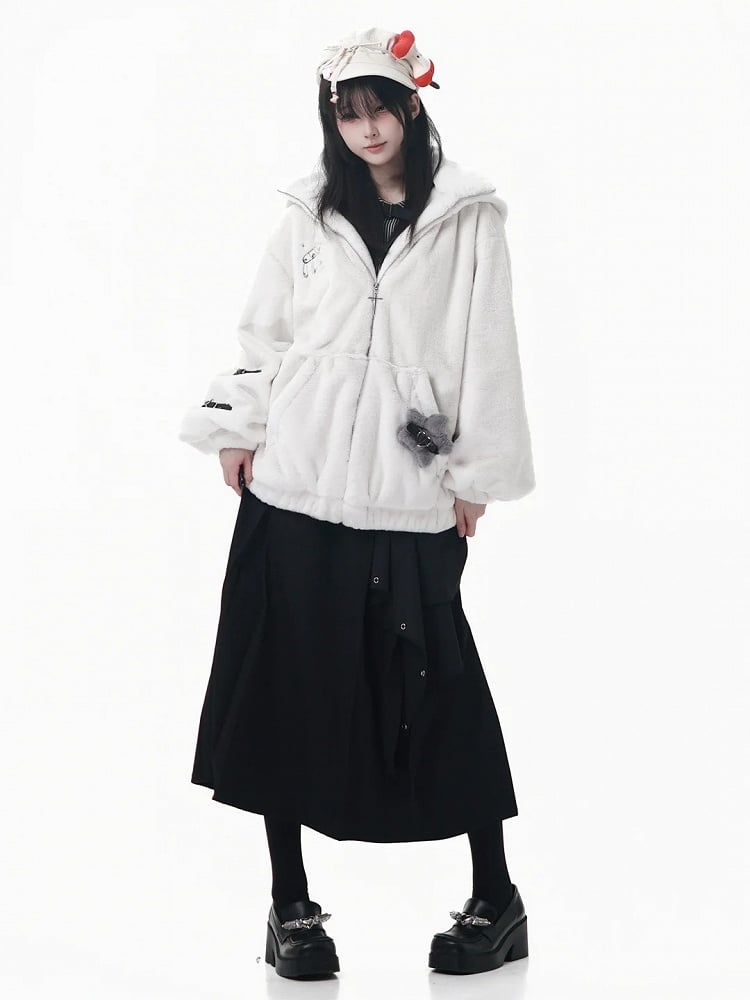 Hooded with Bear Ear Plush Embroidery Black/White Buckle Strap and Lined Pin Accents Coat