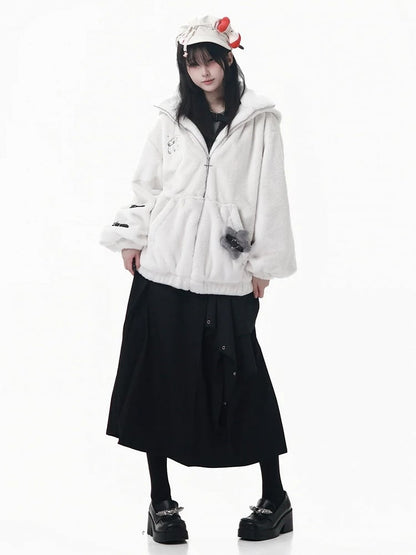 Hooded with Bear Ear Plush Embroidery Black/White Buckle Strap and Lined Pin Accents Coat