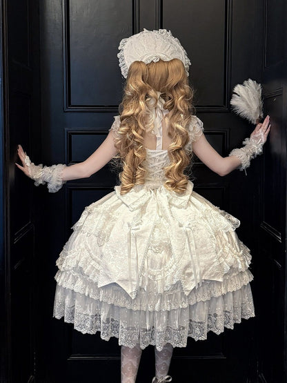 White Hanayome Lolita JSK with Bows & Lace Trim - White Sugar Girl