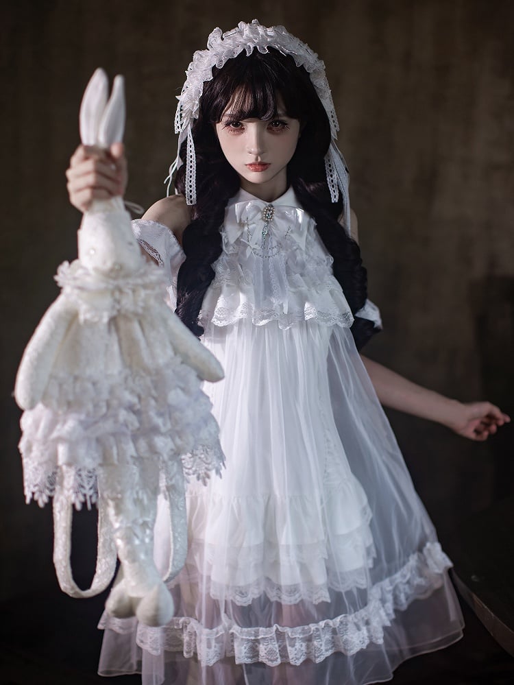 White Landmine Style Cutout Shoulder Dress with Sheer Overlay, Lace and Bow Tie - Ekomi
