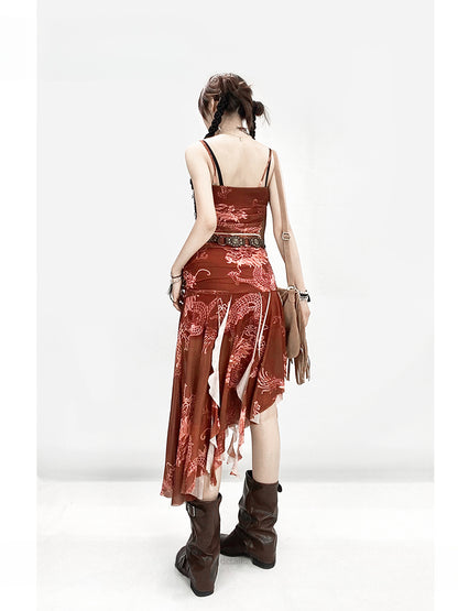 Wine Red Asymmetrical Hem Dragon Print Glamorous Spaghetti Strap Dress