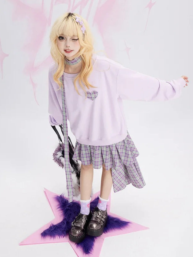 Lila kariertes Patchwork-Sweatshirtkleid mit asymmetrischem Saum und kostenlosem Schal