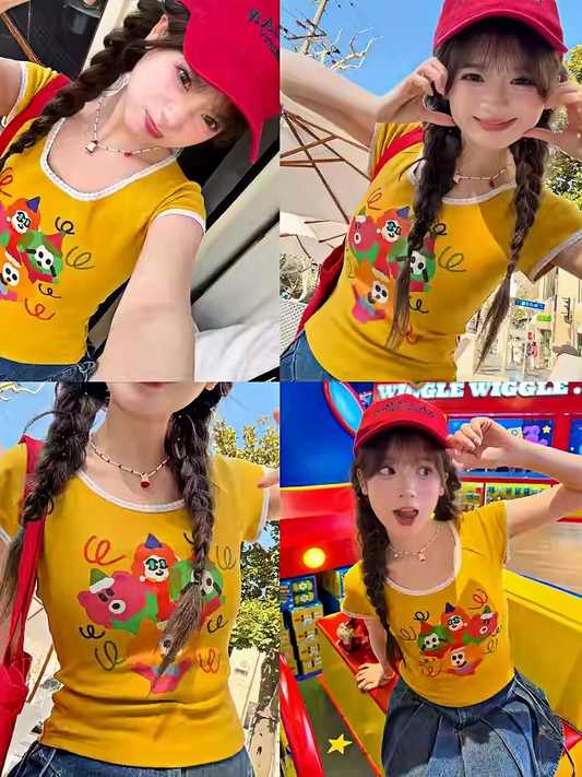 漫画プリントTシャツ ネックジンジャーレーストリムラウンド