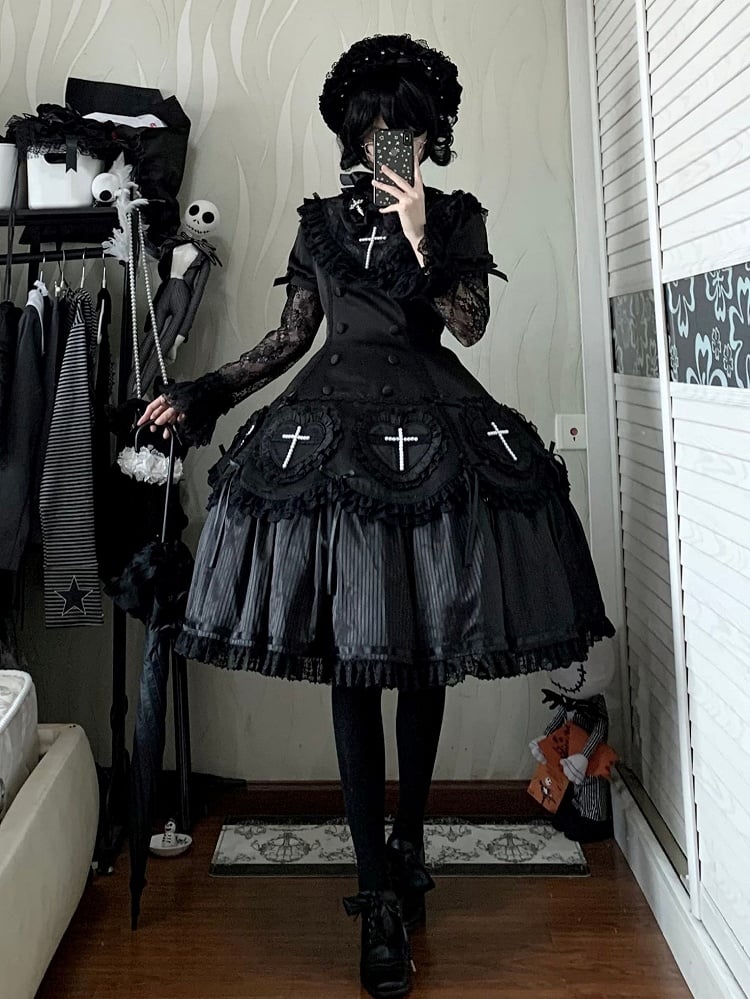 Decoration Ruffle Cross Beaded Lolita Hem Detail with Dress Lace Black and Gothic