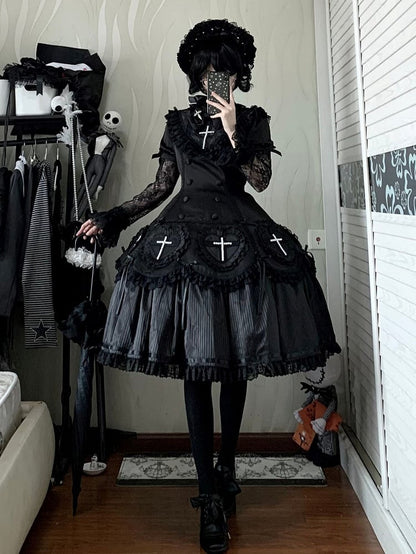Decoration Ruffle Cross Beaded Lolita Hem Detail with Dress Lace Black and Gothic