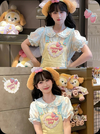 Erdbeere Stickerei Gelb Box Pleated Overall Kleid Süß